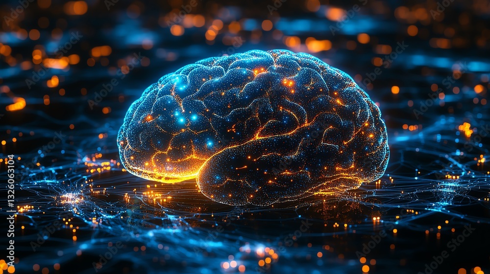 Poster 3D holographic brain with data visualization and glowing neural connections on a technologythemed background, symbolizing advanced cognitive computing and AI