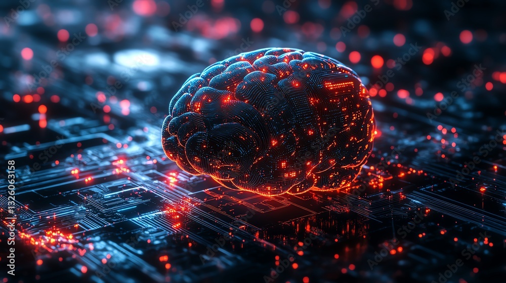 Aufkleber 3D holographic brain with data visualization and glowing neural connections on a technologythemed background, symbolizing advanced cognitive computing and AI