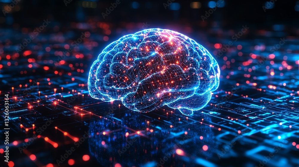 Leinwandbilder 3D holographic brain with data visualization and glowing neural connections on a technologythemed background, symbolizing advanced cognitive computing and AI