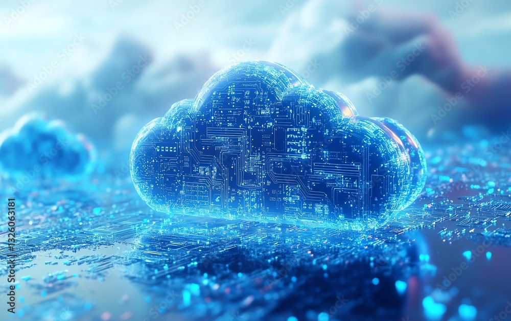 Poster 3D rendered blue cloud computing icon with integrated circuit design, set against a light blue background, representing cloud technology and data processing