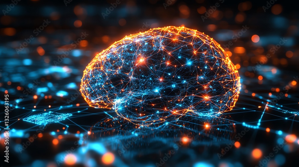 Aufkleber 3D holographic brain with data visualization and glowing neural connections on a technologythemed background, symbolizing advanced cognitive computing and AI