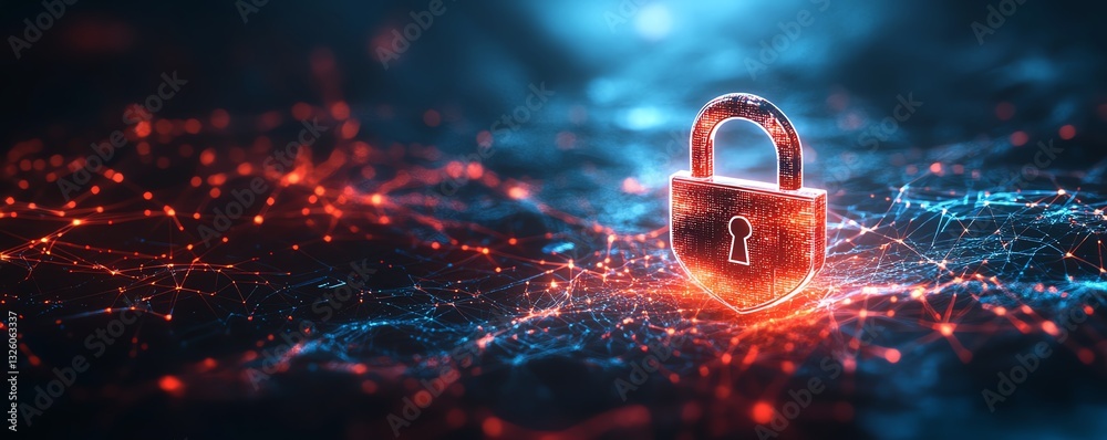 Poster 3D rendering of a digital padlock and shield symbolizing data protection, surrounded by a digital fog, with a hightech abstract dark background for security