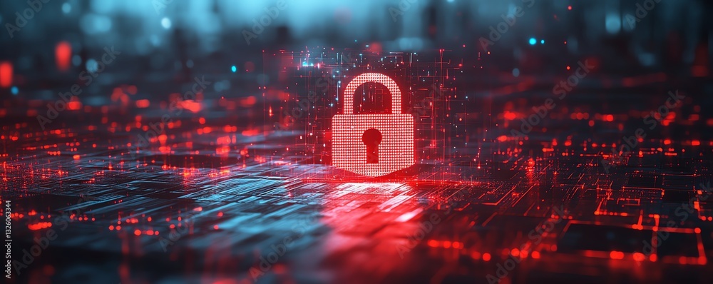 Poster 3D rendering of a digital padlock and shield symbolizing data protection, surrounded by a digital fog, with a hightech abstract dark background for security