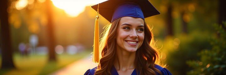A happy young woman in a graduation cap, representing academic achievement