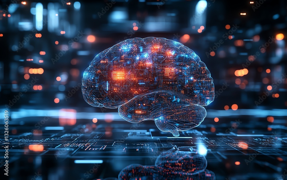 Poster Advanced digital brain hologram with interactive data visualization, glowing circuits, and a futuristic technology background, representing neural computing in 3D