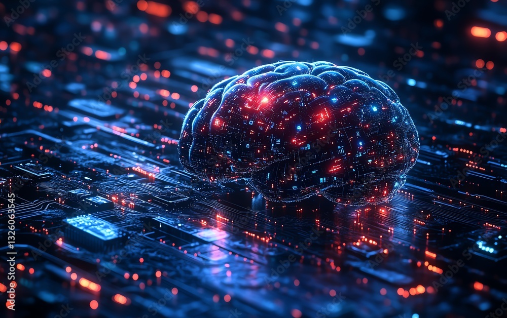 Leinwandbilder Advanced digital brain hologram with interactive data visualization, glowing circuits, and a futuristic technology background, representing neural computing in 3D