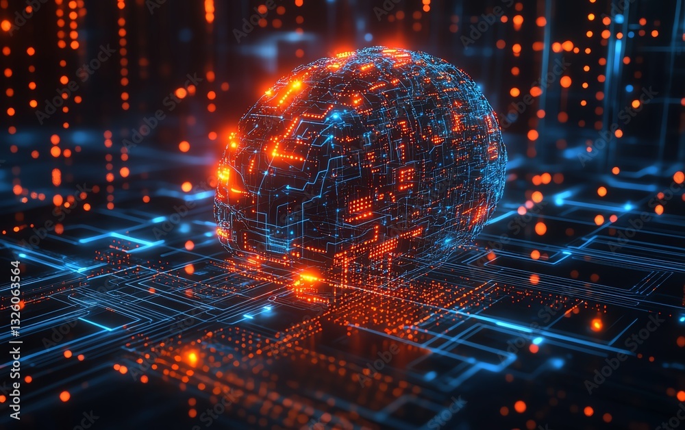 Aufkleber Advanced digital brain hologram with interactive data visualization, glowing circuits, and a futuristic technology background, representing neural computing in 3D