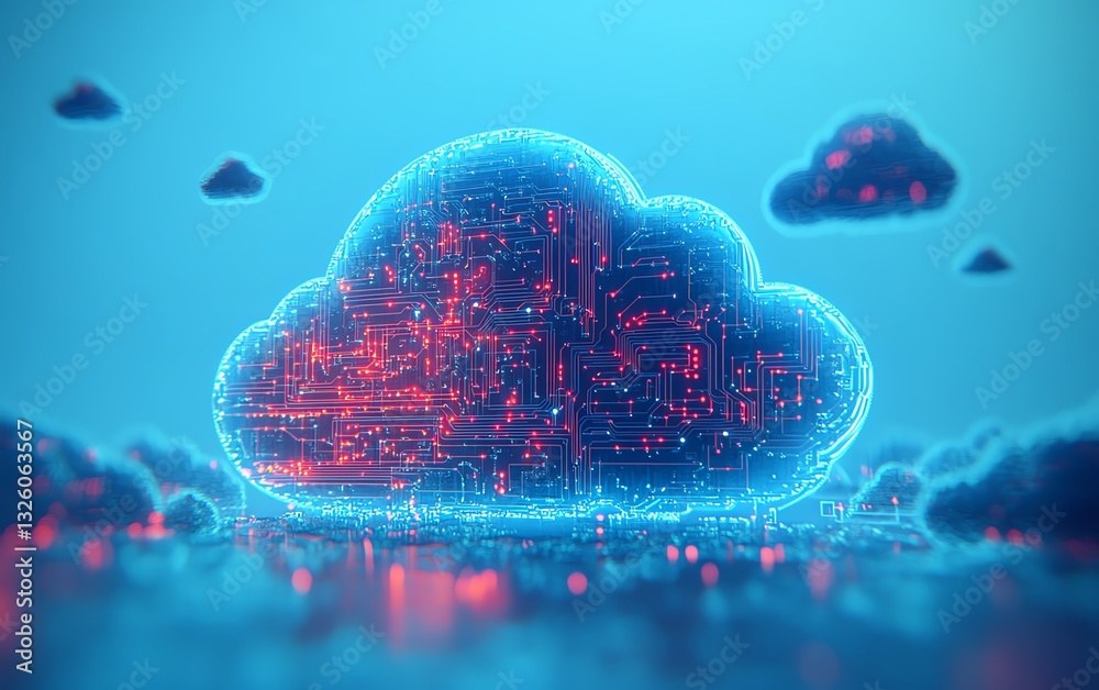 Poster Blue cloud computing icon with circuit design on a light blue background, 3D rendering, symbolizing advanced technology and digital infrastructure