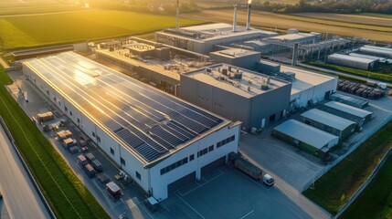 Fototapeta premium Aerial View of a Modern Industrial Complex with Solar Panels at Sunset