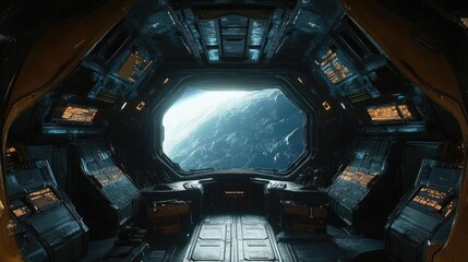 Futuristic Spaceship Interior with Earth View