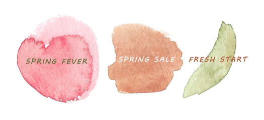 Set of three pastel pink, green and peach colored spots with text spring fever, spring sale and fresh start. Hand drawn illustration for your design