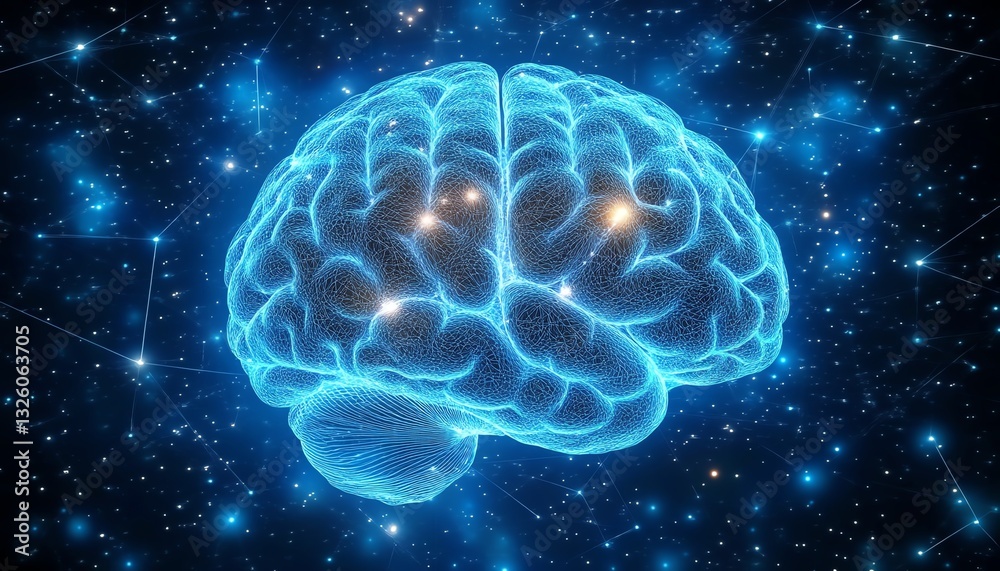 Poster Brain hologram with dynamic data visualization and glowing connections, set against a hightech digital background, symbolizing futuristic AI and neural science
