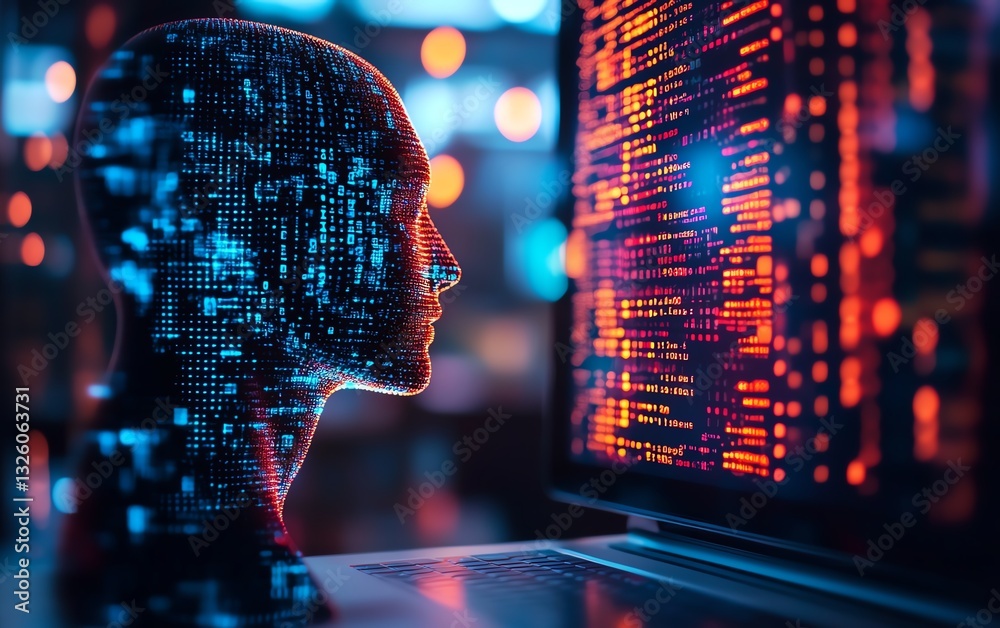 Leinwandbilder Closeup of an office desktop with a laptop, glowing AI hologram, and flowing binary code on a blurred background, symbolizing artificial intelligence and advanced technology