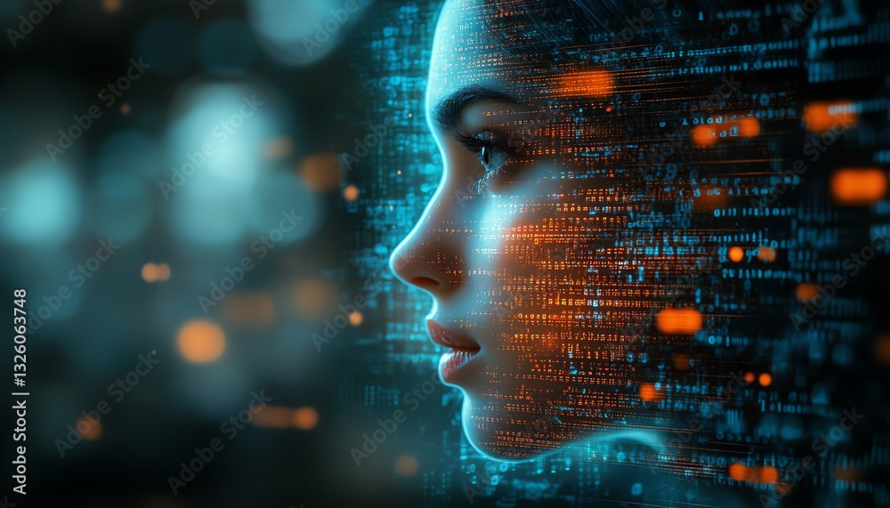 Poster Closeup of office desktop with laptop, glowing blurry AI hologram, and binary coding on a blurry background, double exposure, representing artificial intelligence and programming