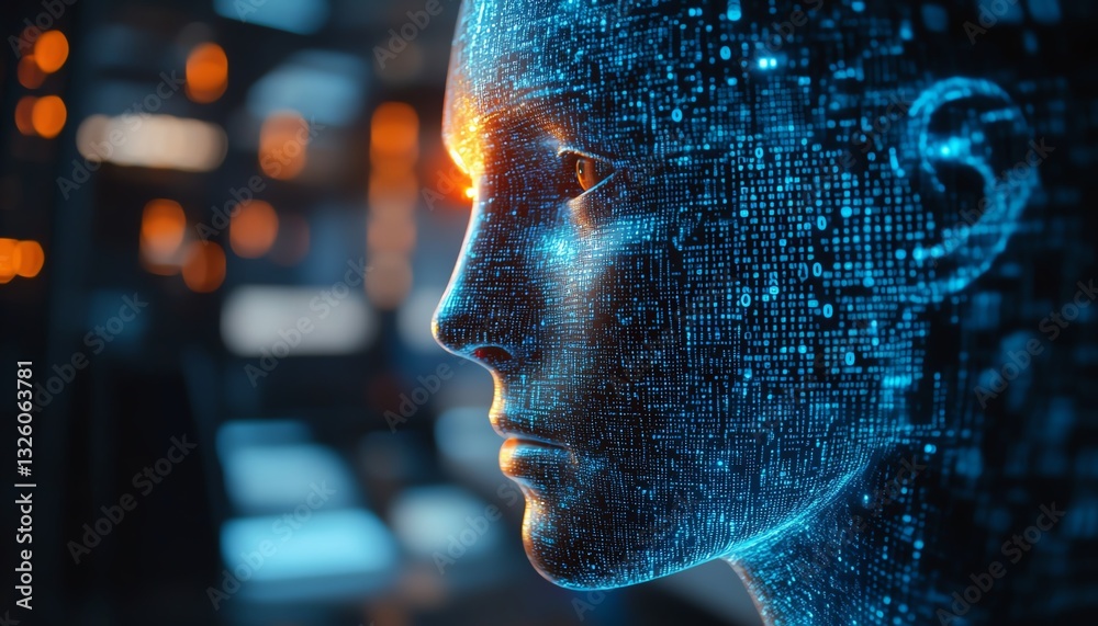 Poster Closeup of office desktop with laptop, glowing blurry AI hologram, and binary coding on a blurry background, double exposure, representing artificial intelligence and programming