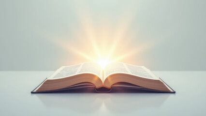 Open Bible with a golden glow around its pages, symbolizing divinity or enlightenment.