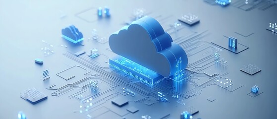 Cloud computing concept with a blue icon and circuit design, 3D rendering on a light blue background, illustrating modern digital solutions and connectivity