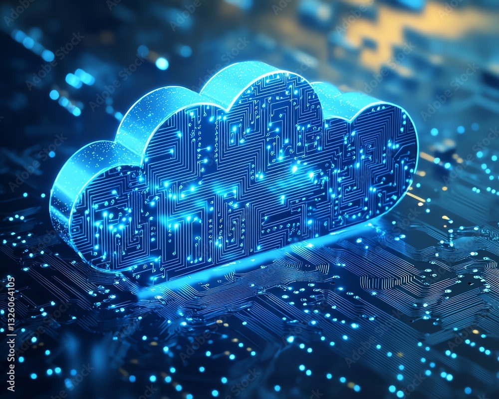 Poster Cloud computing icon in blue with circuit design elements, 3D rendered on a light blue background, illustrating modern digital transformations and data services
