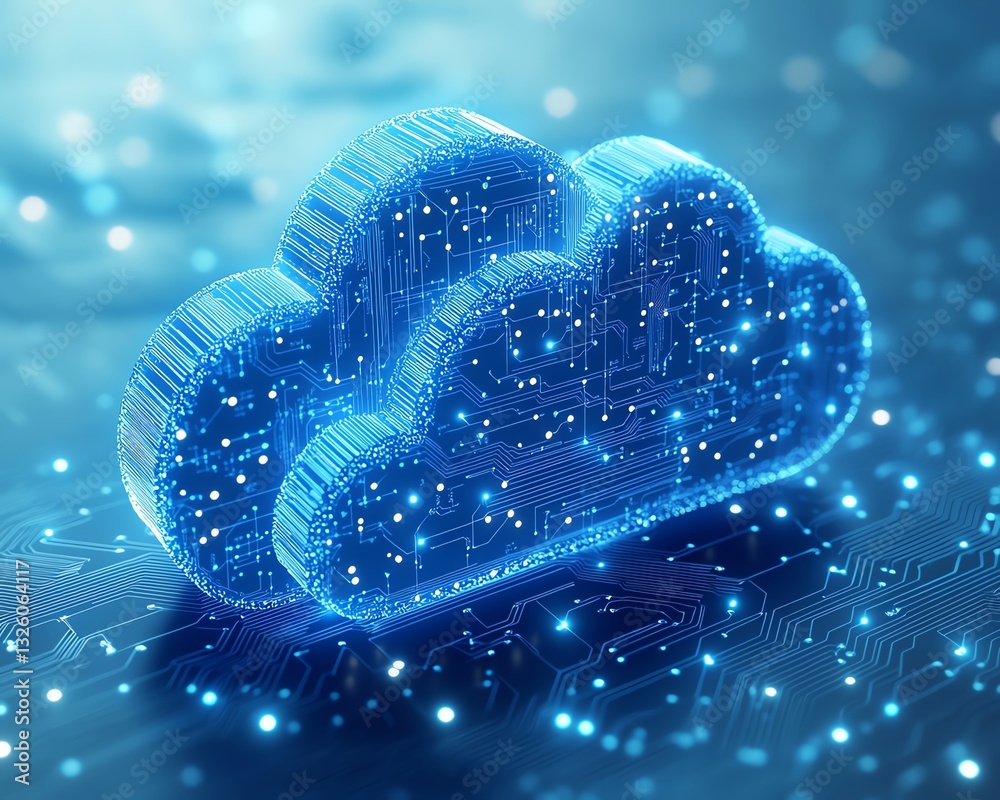 Poster Cloud computing icon in blue with circuit design elements, 3D rendered on a light blue background, illustrating modern digital transformations and data services