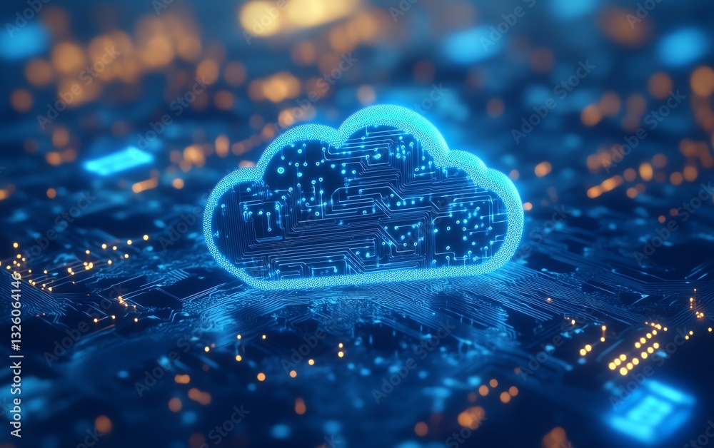 Aufkleber Cloud computing technology represented by a blue icon with circuit design, 3D rendered on a light blue background, emphasizing cloud storage and data security