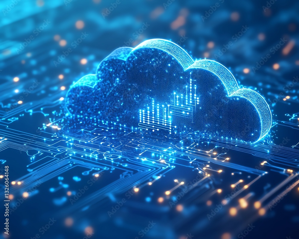 Poster Cloud computing icon in blue with circuit design elements, 3D rendered on a light blue background, illustrating modern digital transformations and data services