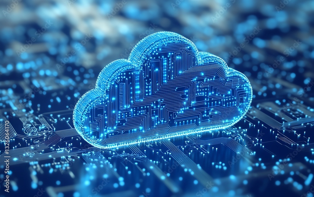 Aufkleber Cloud computing technology represented by a blue icon with circuit design, 3D rendered on a light blue background, emphasizing cloud storage and data security