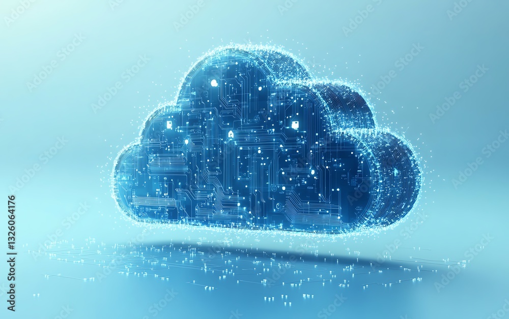 Aufkleber Cloud computing technology represented by a blue icon with circuit design, 3D rendered on a light blue background, emphasizing cloud storage and data security