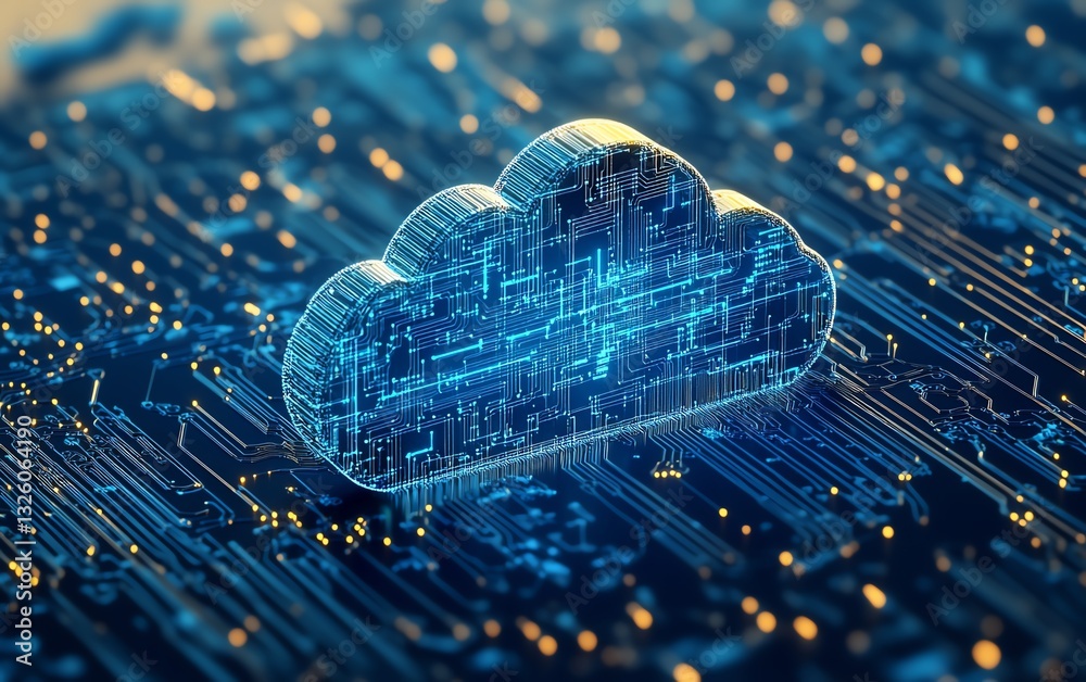 Aufkleber Cloud computing technology represented by a blue icon with circuit design, 3D rendered on a light blue background, emphasizing cloud storage and data security