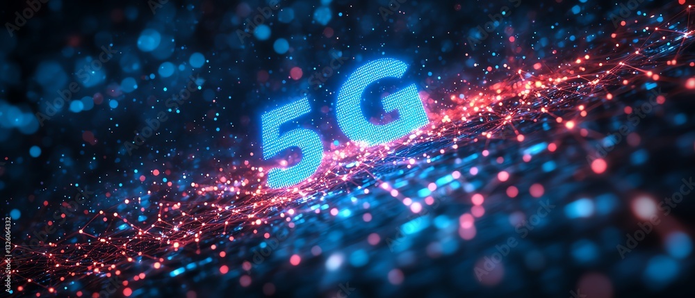 Poster digital 5g network with glowing blue text, networked lines, and a futuristic dark background, illust