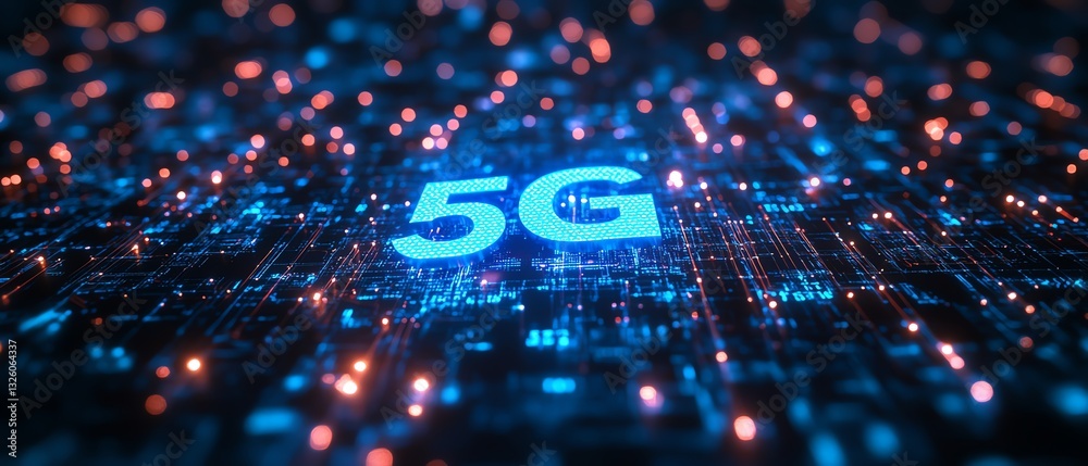 Poster digital 5g network with glowing blue text, networked lines, and a futuristic dark background, illust