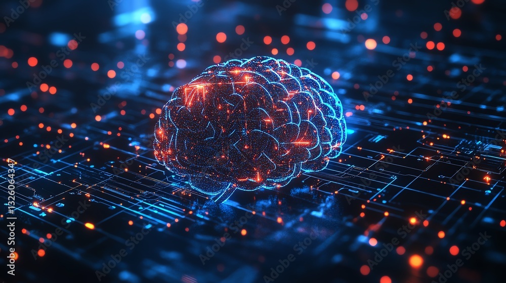 Aufkleber Digital brain hologram with interactive data visualizations and glowing lines, set against a futuristic technology backdrop, symbolizing the future of AI and neural networks