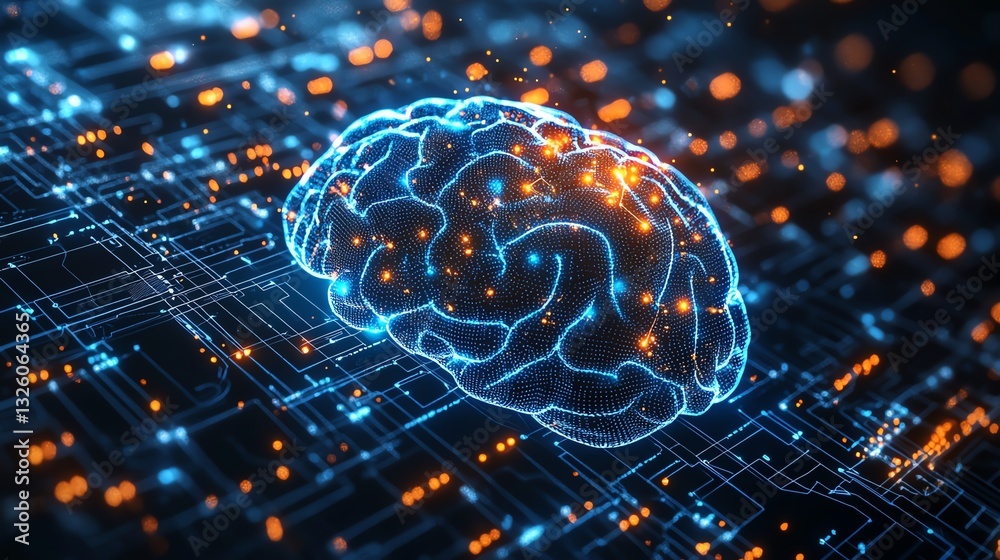 Aufkleber Digital brain hologram with interactive data visualizations and glowing lines, set against a futuristic technology backdrop, symbolizing the future of AI and neural networks