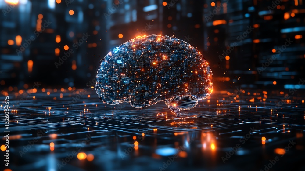 Poster Digital brain hologram with interactive data visualizations and glowing lines, set against a futuristic technology backdrop, symbolizing the future of AI and neural networks