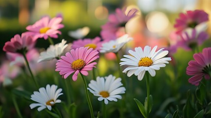 Colorful spring flowers in full bloom in a lush garden setting