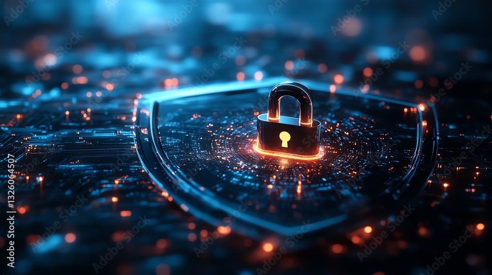Poster digital information safety concept with a glowing padlock on a shield, representing cyber security, 