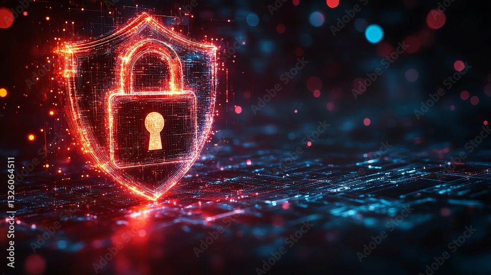 Leinwandbilder Digital information safety concept with a glowing padlock on a shield, representing cyber security, with futuristic elements and a dark foggy abstract background