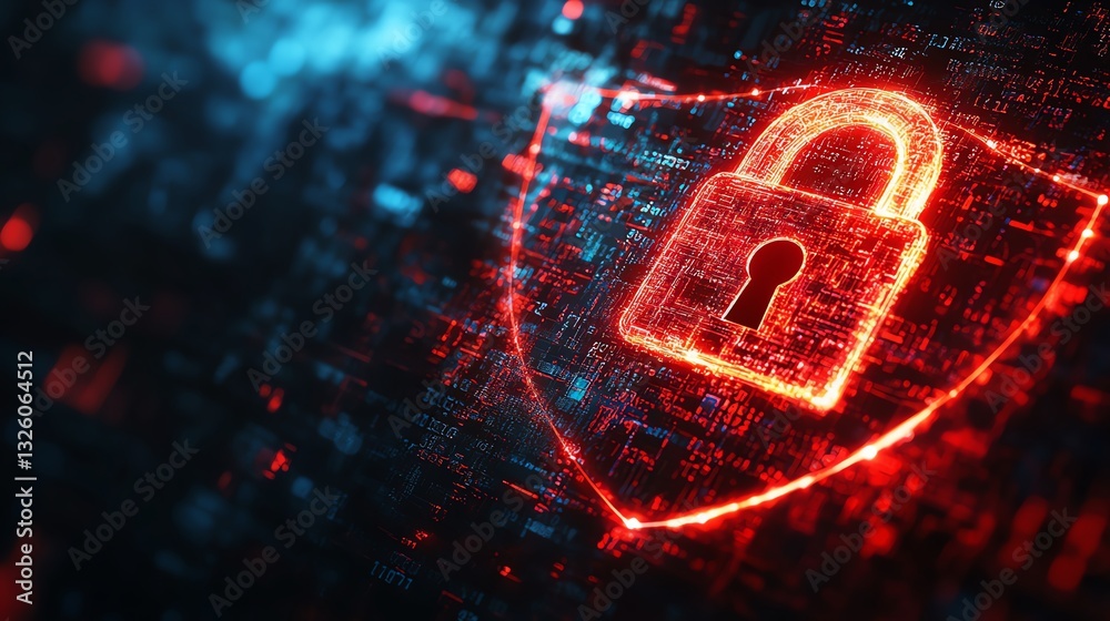 Poster digital information safety concept with a glowing padlock on a shield, representing cyber security, 