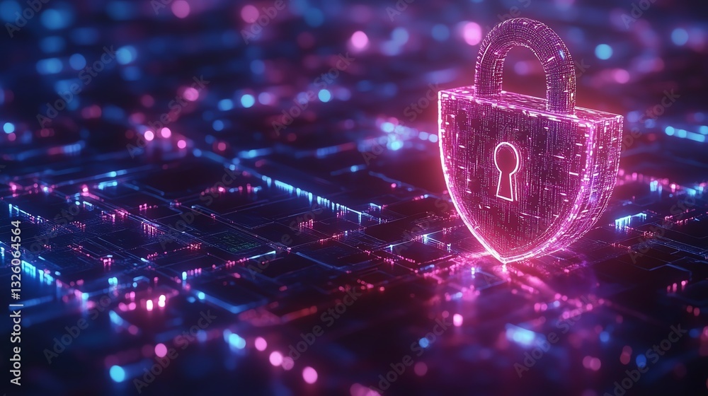 Fototapete Digital security and data protection with a shield and encrypted padlock, illuminated with blue and purple lights, on an abstract dark digital backdrop