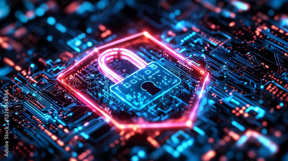 Leinwandbilder digital security and data protection with a shield and encrypted padlock, illuminated with blue and 