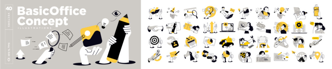 Basic office concept illustrations. Set of people vector illustrations in various activities of business planning and strategy, management, marketing, finance, startup, communication.