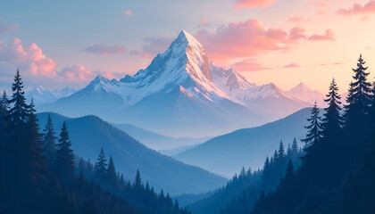 Majestic snow-capped mountain peak at sunrise with misty forest in a serene natural landscape. 