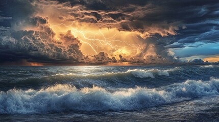 Fototapeta premium Dramatic Thunderstorm Over Ocean Waves at Sunset with Lightning