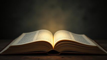 Open book with illuminated pages emitting a bright light from within, symbolizing knowledge or inspiration, set against dark background.