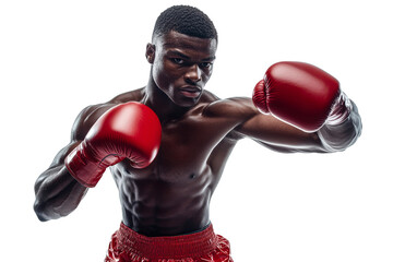 Boxer training in red gloves with determined focus