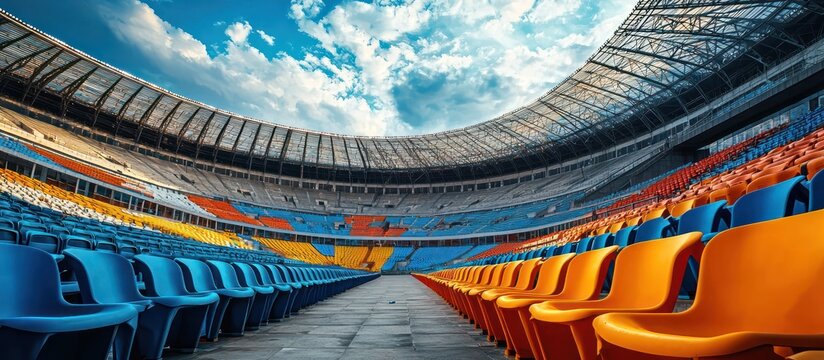Open sky above a stadium, colorful seats laid out empty.