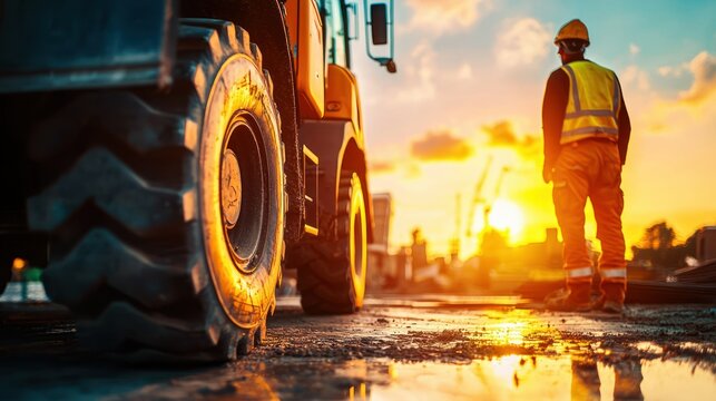 Construction worker at sunset overlooking construction site