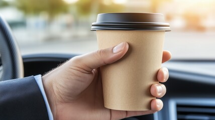 Obraz premium Hand holding coffee cup inside a car on a sunny day