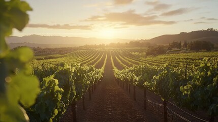 Naklejka premium Vineyard at Sunset Rows of Vines Bathed in Golden Light