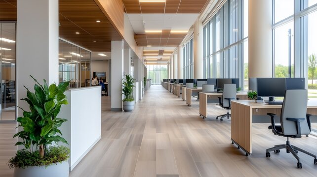 Modern open-plan office space with desks plants and large windows