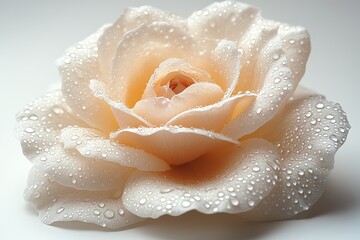 Close-up of a white rose with delicate dew drops on petals, isolated on a white background. Soft shadows, sharp focus, and clean composition enhance the purity and elegance of the flower.